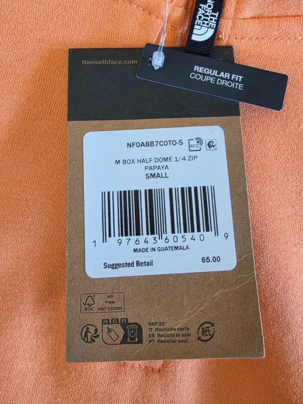 The North Face Fleece Sweatshirt Mens Small Orange Lined Box Half Dome 1/4 Zip